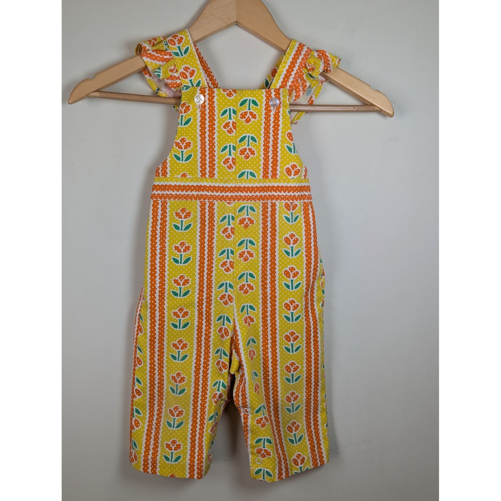 Vintage Health-tex 18M Floral Stripe Ruffle Overalls Yellow Orange USA Made 70s‎